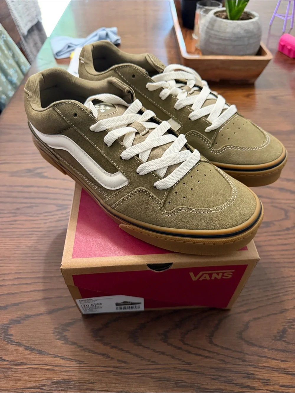 Vans Olive Suede Low-Top Sneakers with White Stripe